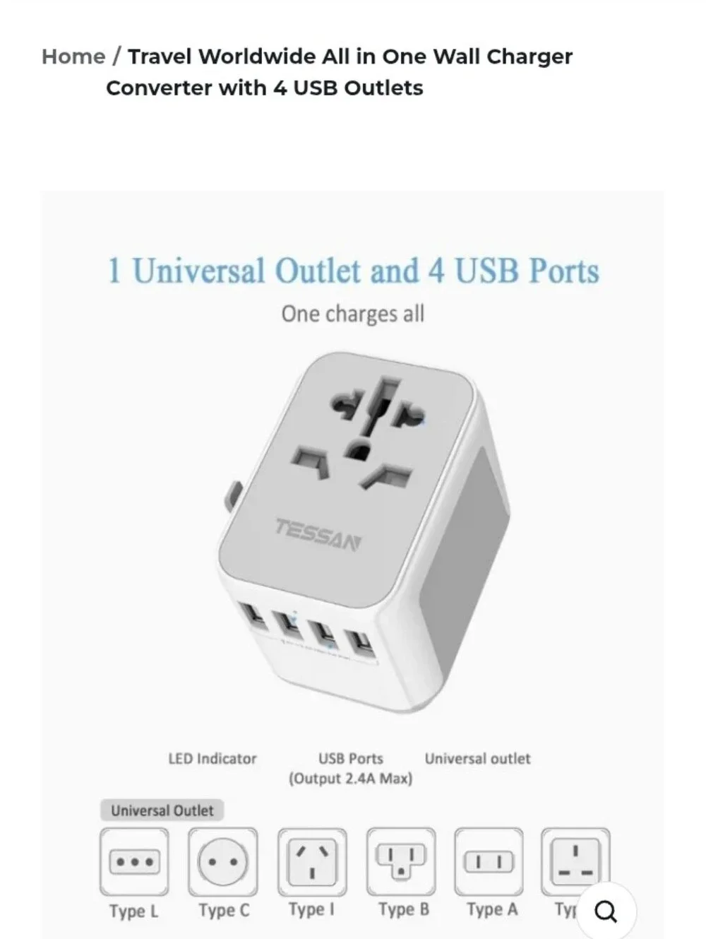 All in One Wall Charger Converter with 4 USB Outlets